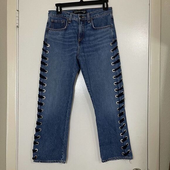 Veronica Beard Ines Girlfriend Lace Up High Rise denim jeans stone blue Size 26 - Picture 3 of 8